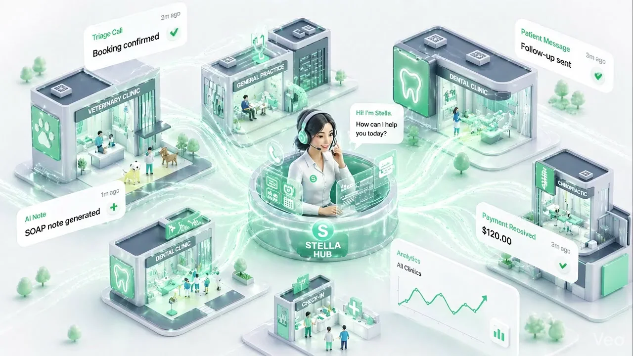 ClinicForce platform animation. Stella AI receptionist connecting veterinary, dental, general practice, allied health, and beauty clinics